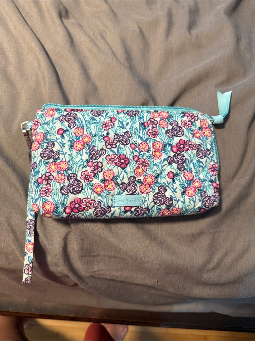 Vera Bradley Floral Quilted Wristlet in Aqua with Pink & Purple Flowers